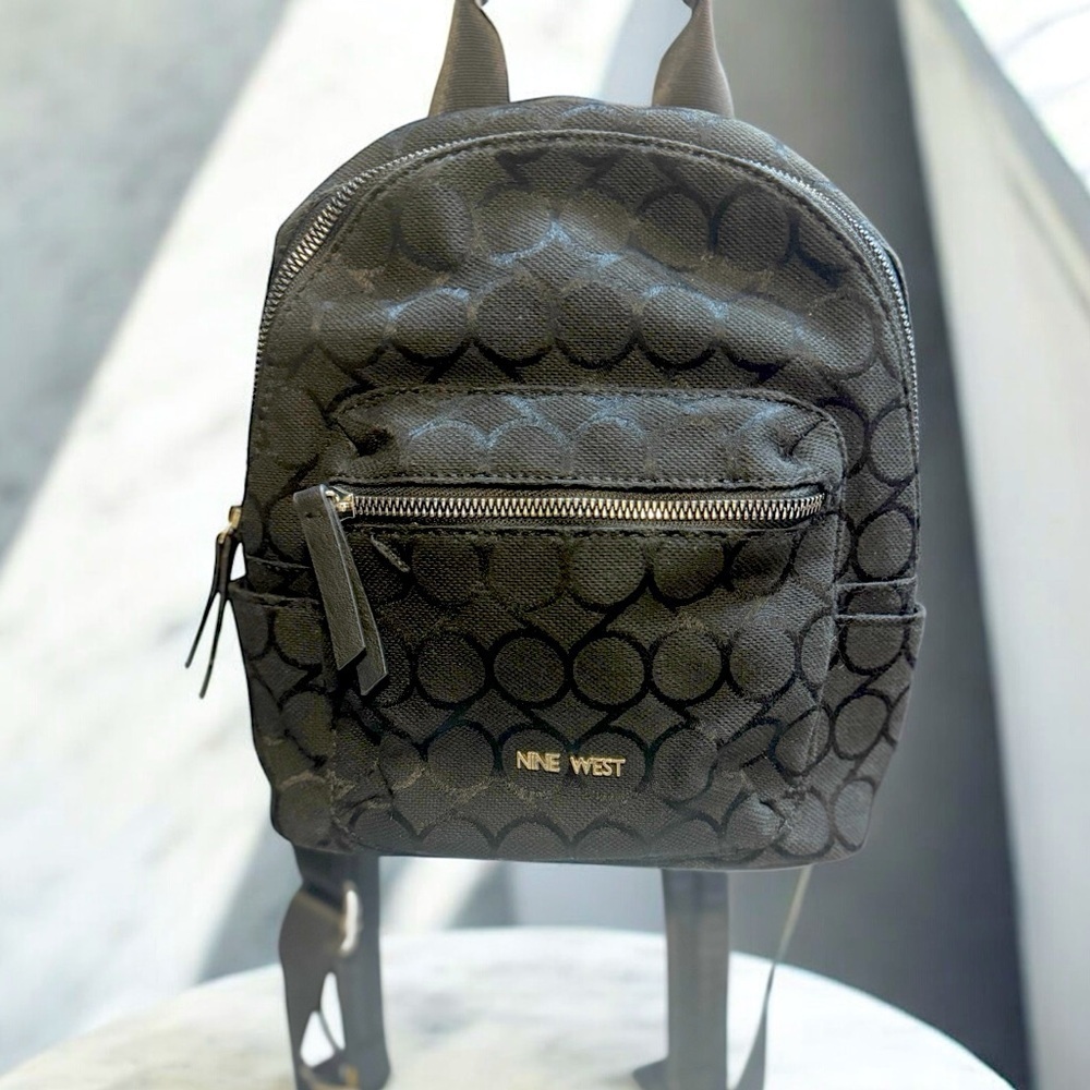 Chic & Compact: Nine West Taren Mini backpack Black logo canvas & leather